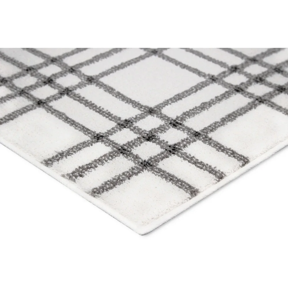 My Texas House Finley 2x5.6 White Grey Farmhouse Plaid Indoor Runner Rug